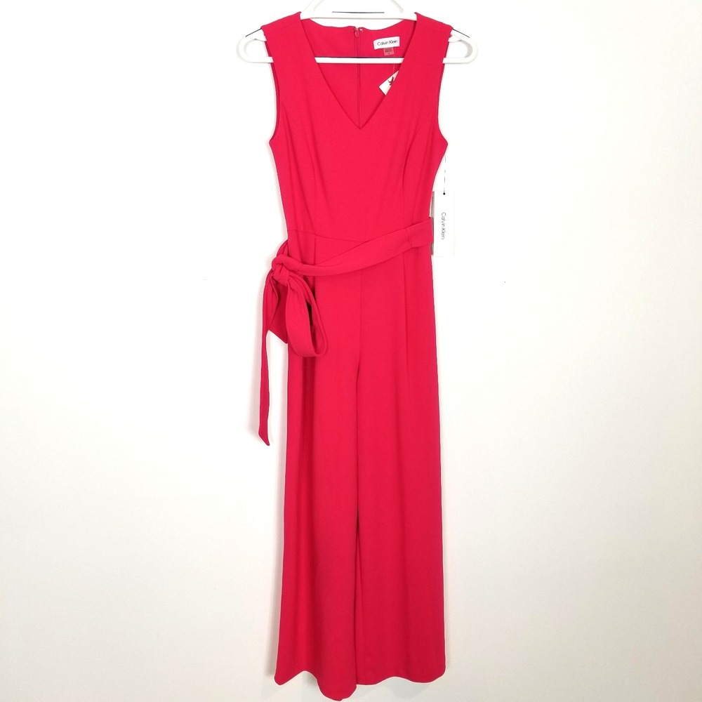 Calvin Klein Women V-neck‎ Jumpsuit Sz S Bright Pink Tie Waist Cropped V Neck